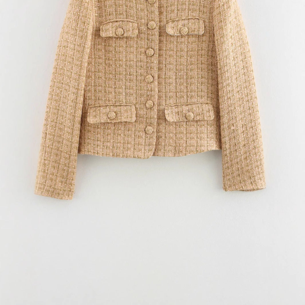 Ladies elegant boucle jacket with gold buttons and applied pockets Lune London
