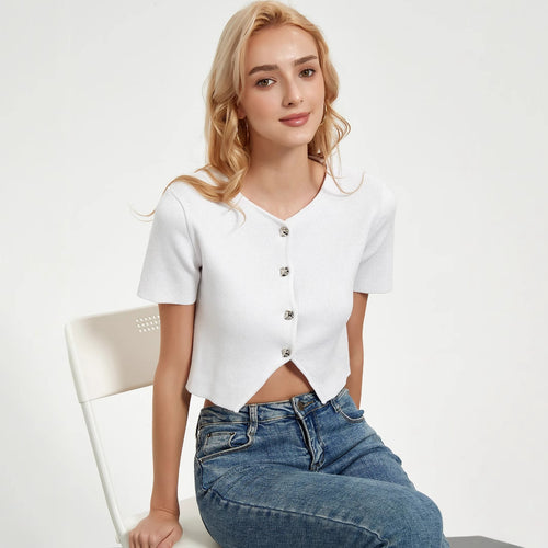 Short sleeve blouse for women with decorative button details Lune London