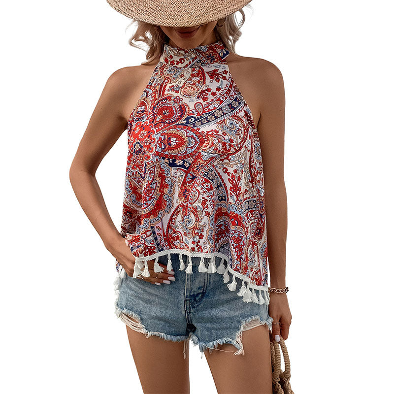 Fringe boho top with halter neckline for ladies printed Lune London