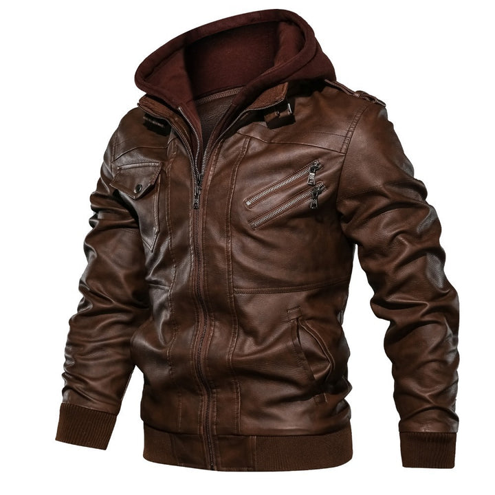 Men's soft leather motorcycle jacket with removable hood and practical zip pockets Lune London