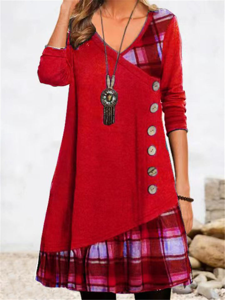 Asymmetrical casual dress for women with checkered hem and button detail Lune London