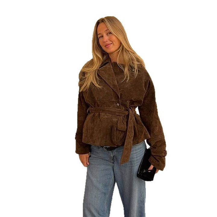 Trendy suede jacket for women with waist belt and voluminous sleeves Lune London