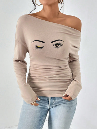 Fitted long sleeve t-shirt for women with asymmetric neckline and ruching Lune London