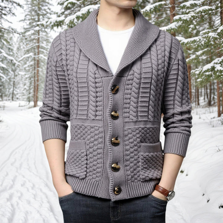 Fashionable men's knit jacket with deep V-neck and stylish braid design Lune London