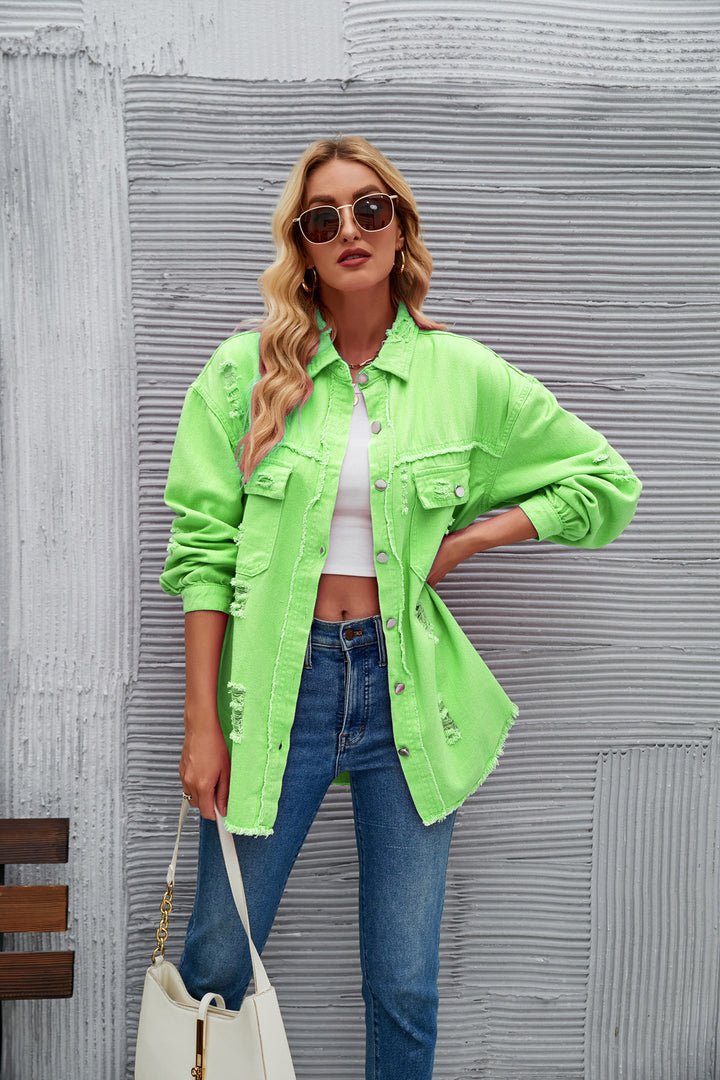 Oversized denim jacket for women with modern distressed details Lune London