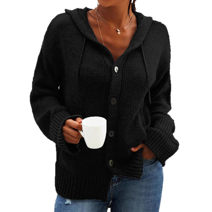 Ladies chunky knit cardigan with hood and practical pockets Lune London