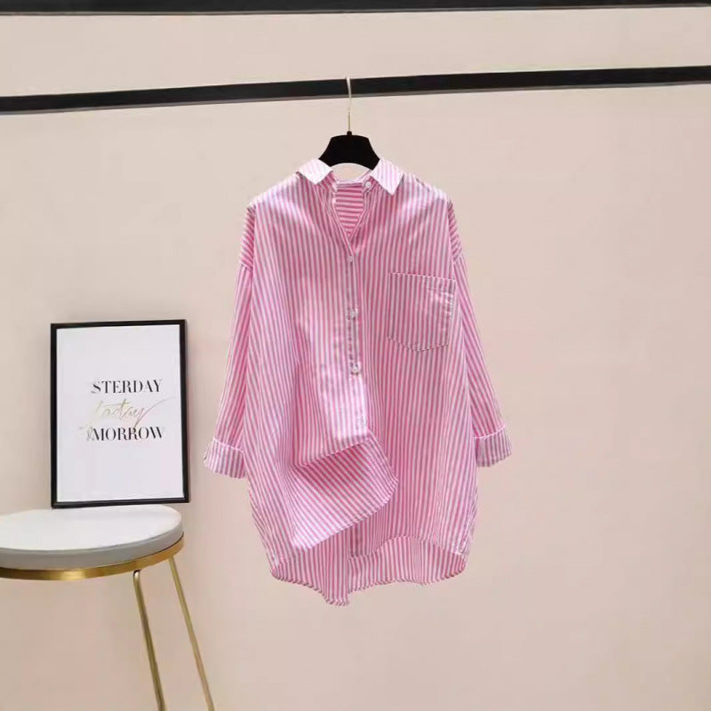 Women Striped Oversized Shirt with Longer Back and Practical Chest Pocket Lune London