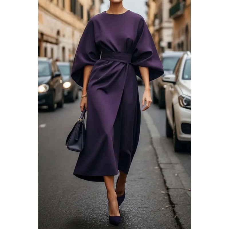 Ladies Elegant Maxi Dress with Wide Sleeves and Chic Fitted Belt Style
