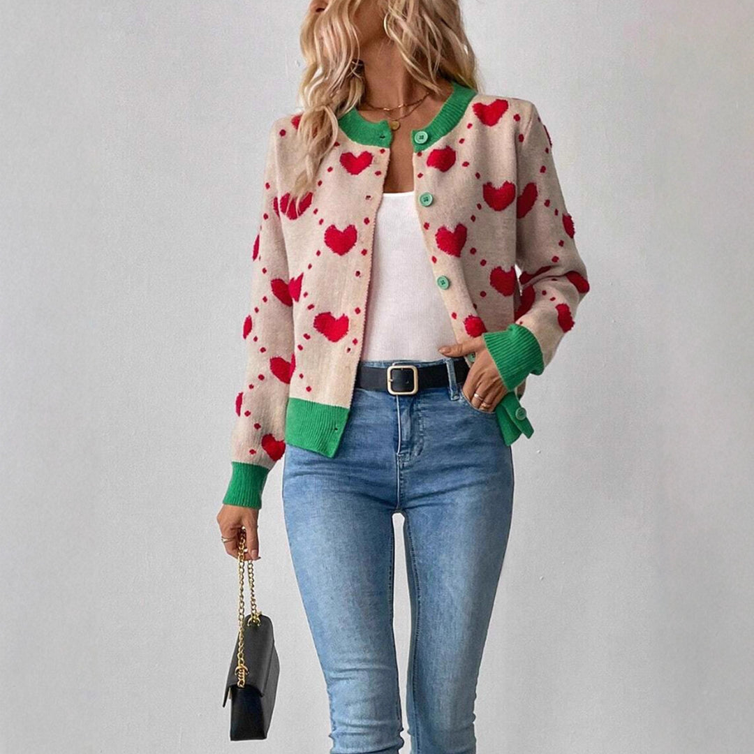Women's knitted jacket with heart-shaped design and contrasting sleeves Lune London