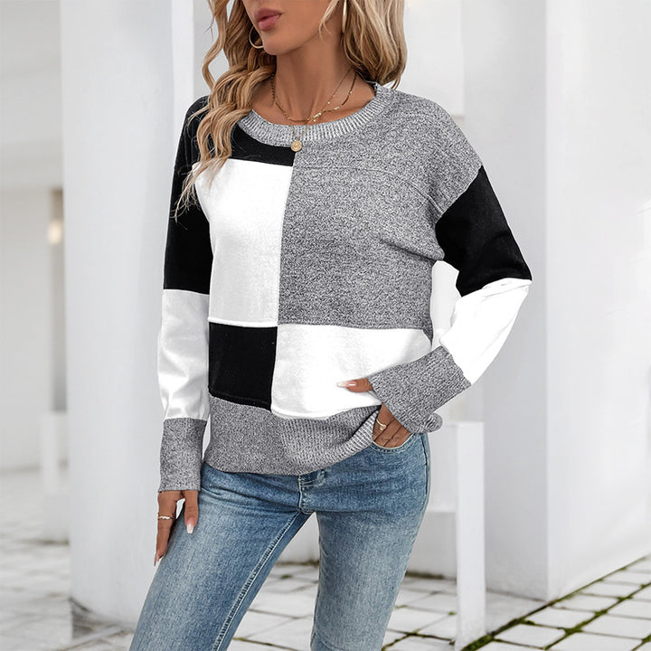 Trendy women's sweater with geometric color block design Lune London