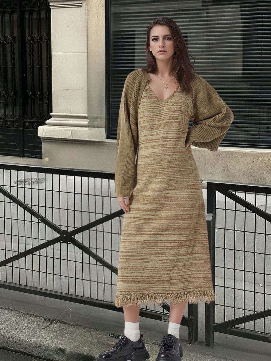 Knitted dress for women with wide U neckline and fringe hem Lune London