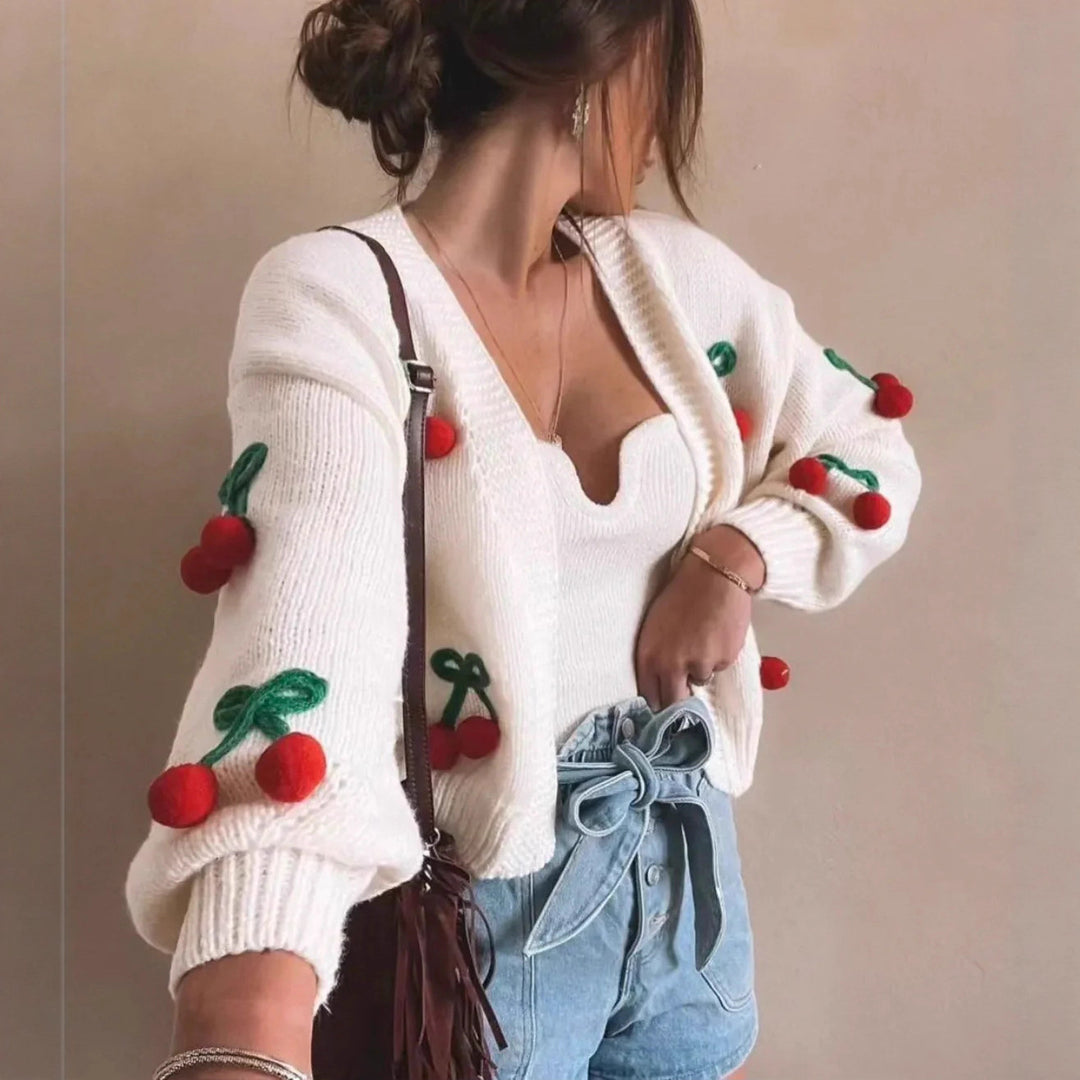 Knitted jacket for women with cheerful cherry pattern Lune London