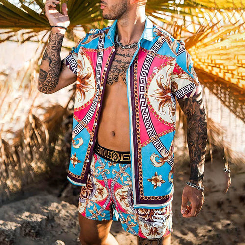 Men's Set Short Sleeve Tropical Print Shirt and Matching Swim Shorts Lune London