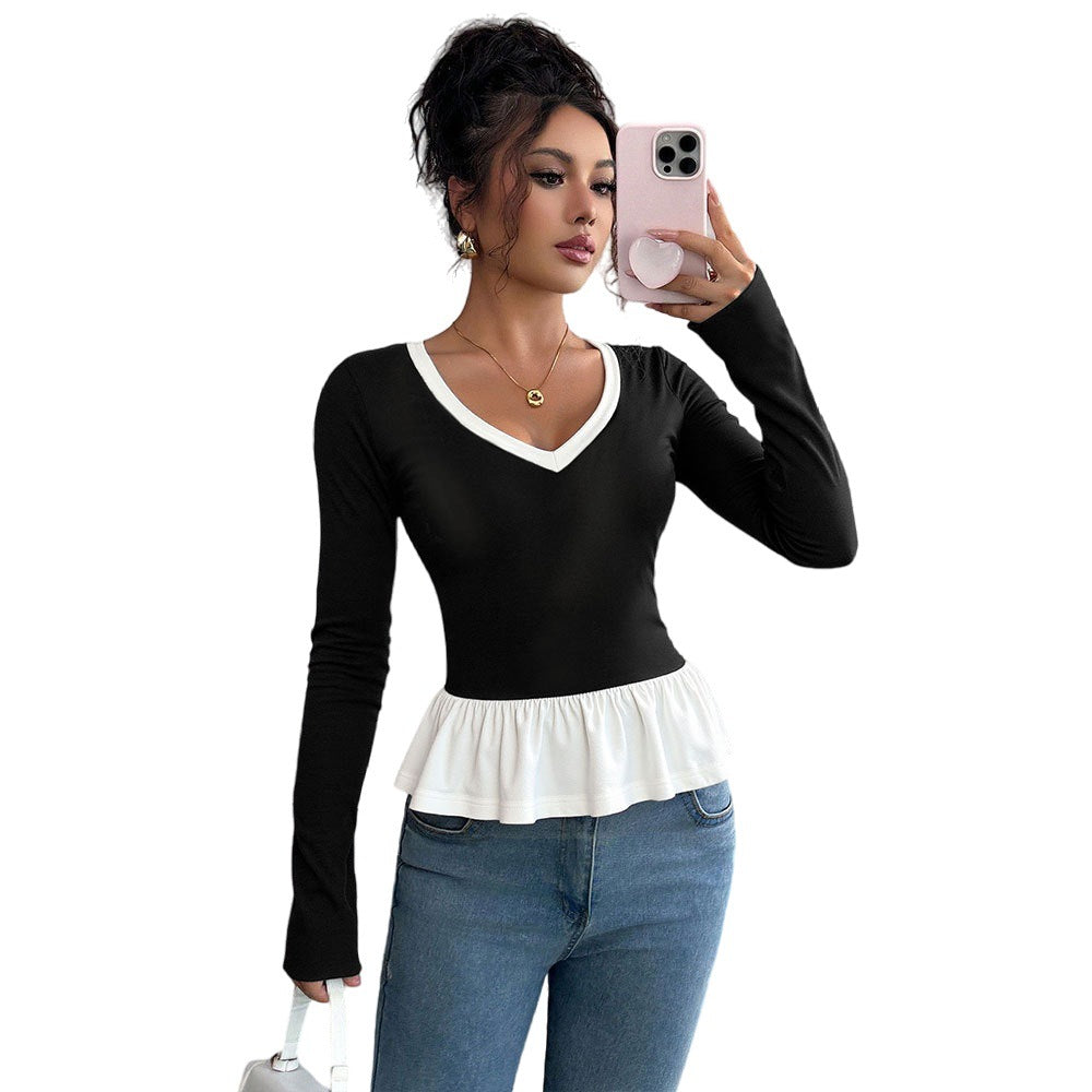 Chemise à manches longues pour femmes avec ourlet volanté et décolleté en V profond Chic & Stil