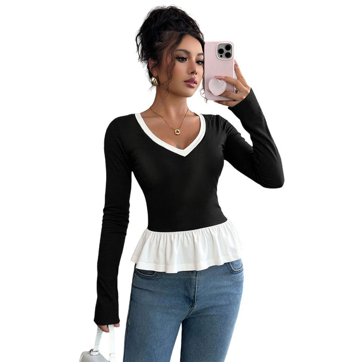 Chemise à manches longues pour femmes avec ourlet volanté et décolleté en V profond Chic & Stil