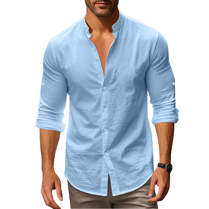 Men's Long Sleeve Shirt with Trendy Stand Collar and Chic Button Details
