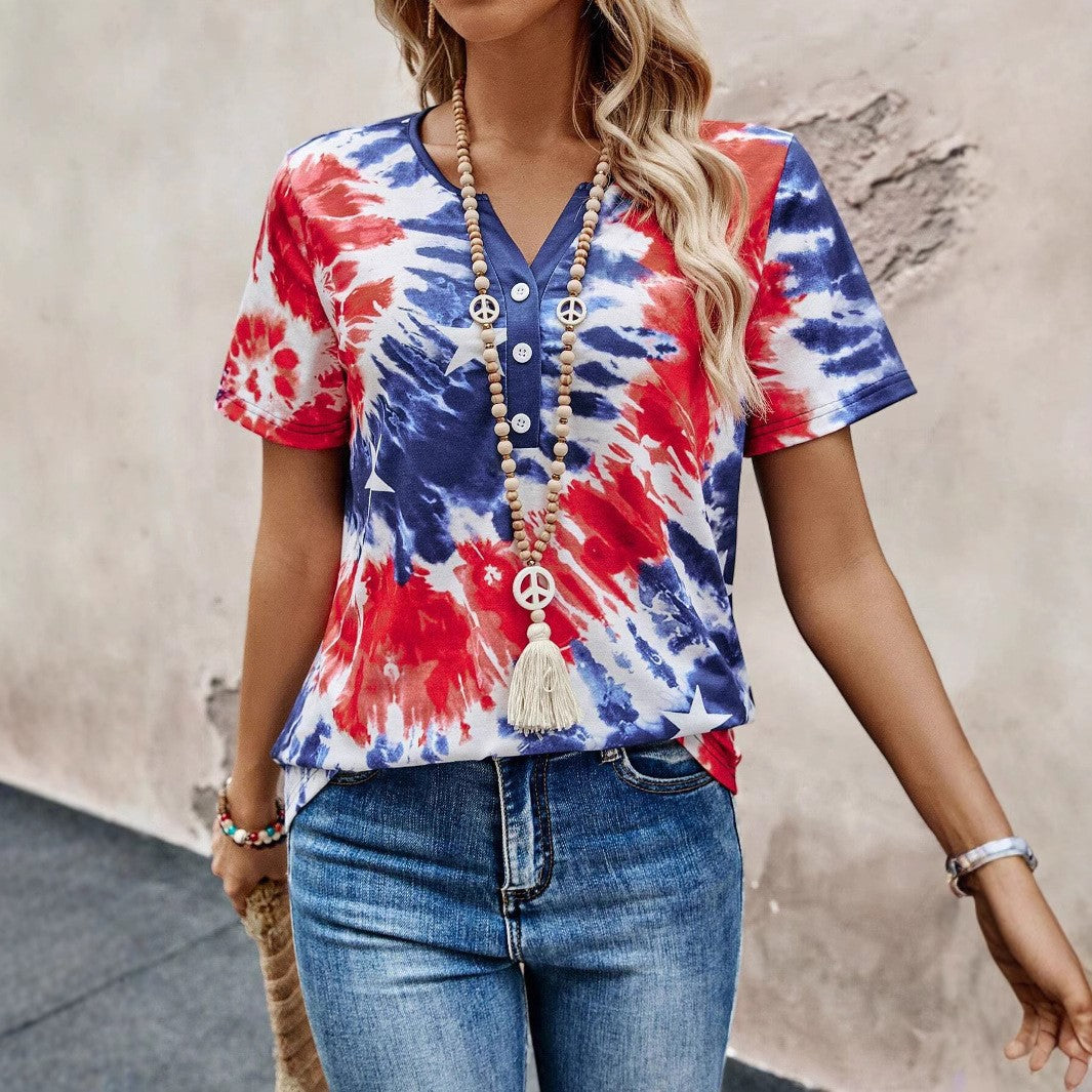 Short sleeve women's T-shirt with buttoned neck and playful batik design Lune London