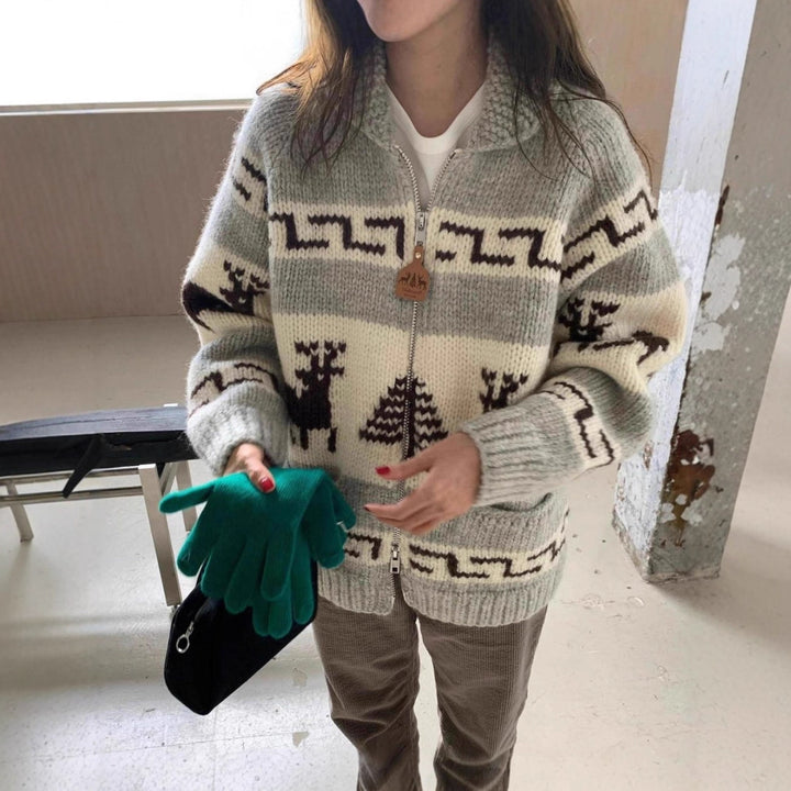 Women's knit jacket with a striking reindeer pattern and high-quality finish Lune London