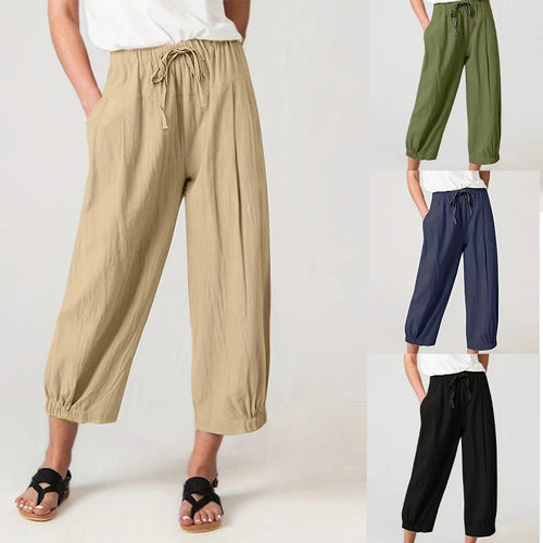 Wide linen trousers for women with elastic waistband and practical pockets Lune London