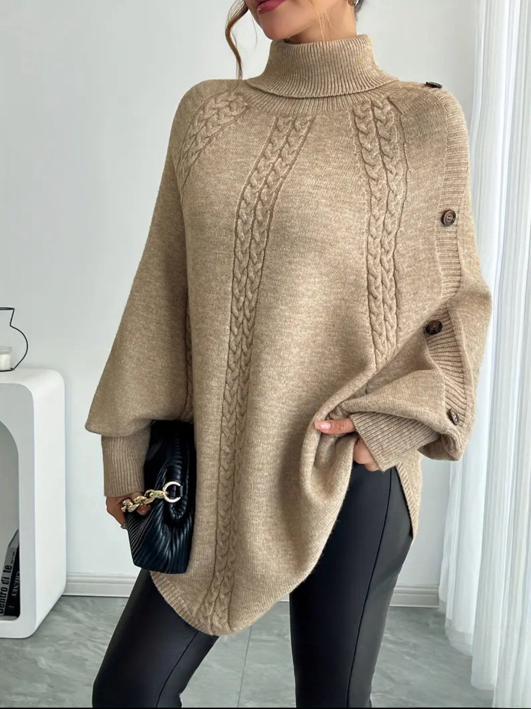 Ladies Elegant Knitted Poncho with Roll Neck and Chic 3D Pattern