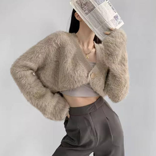 Cropped knitted jacket for women with voluminous sleeves and button detail Lune London