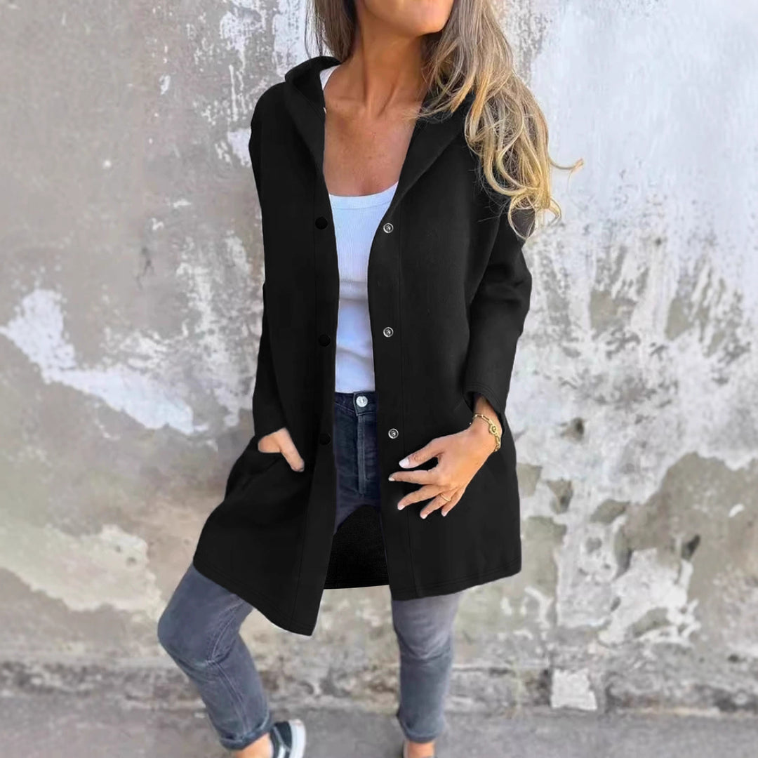 Ladies trendy long cardigan with hood and practical pockets Lune London