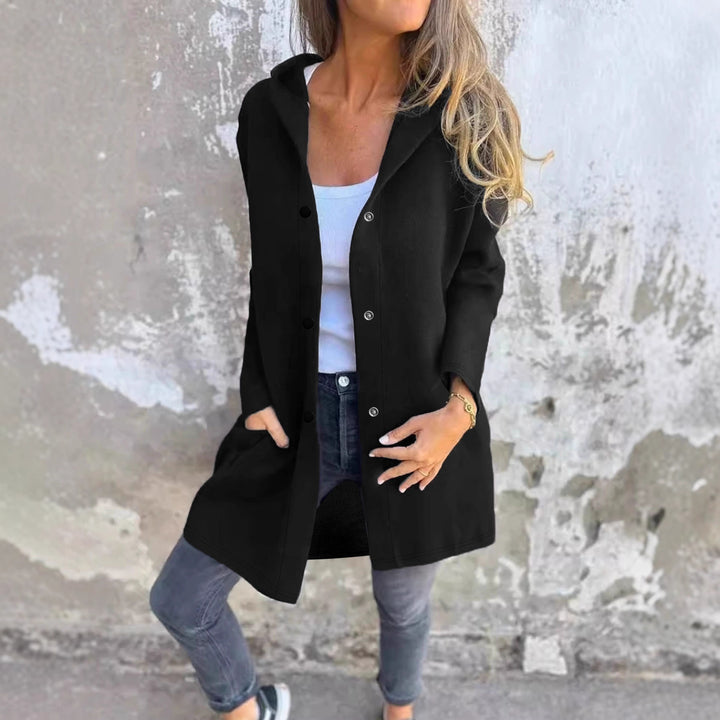 Ladies trendy long cardigan with hood and practical pockets Lune London