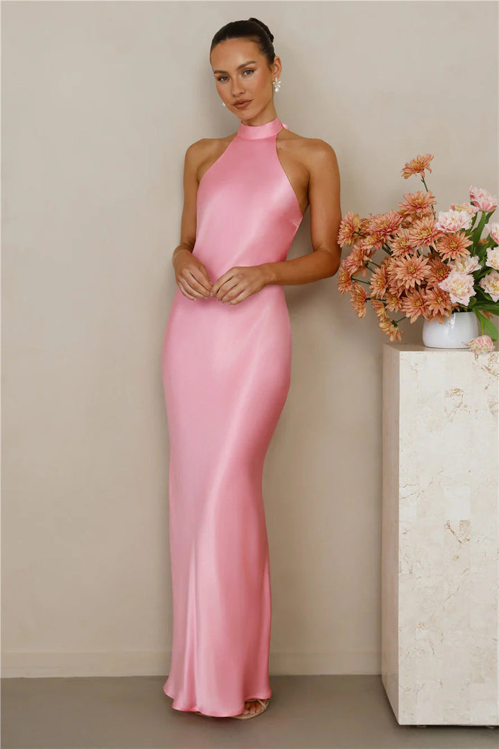 Ladies Elegant Maxi Dress with High Neck Design and Shimmering Satin Finish Lune London