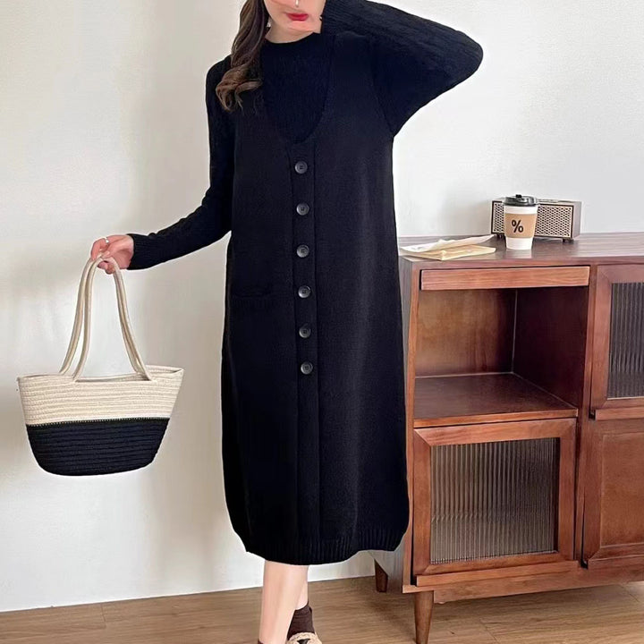 Sustainable knit dress for women with button placket and pockets Lune London