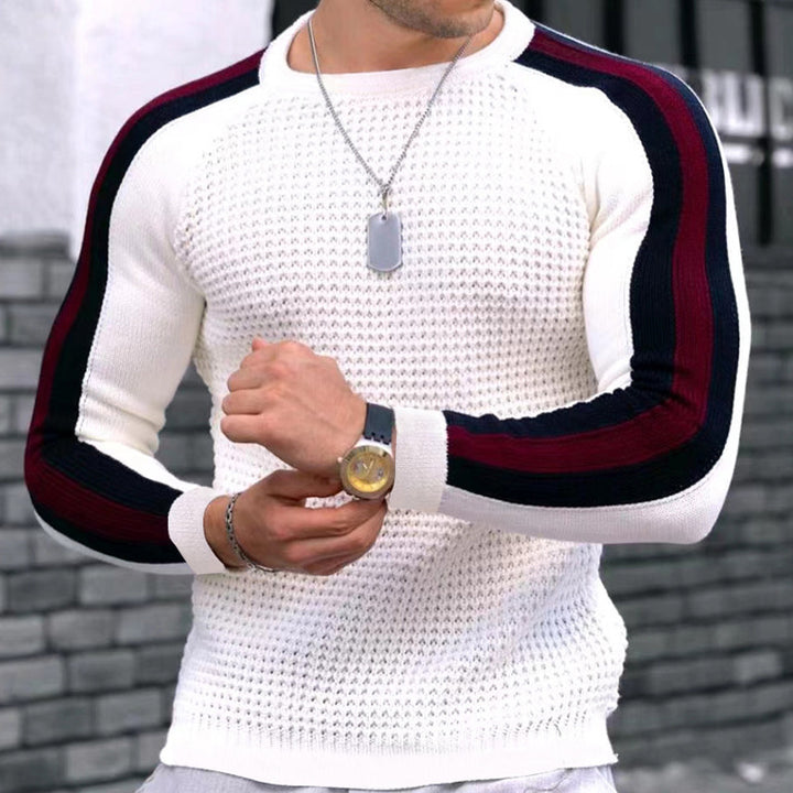 Men's trendy crew neck sweater with textured surface and contrasting stripes Lune London