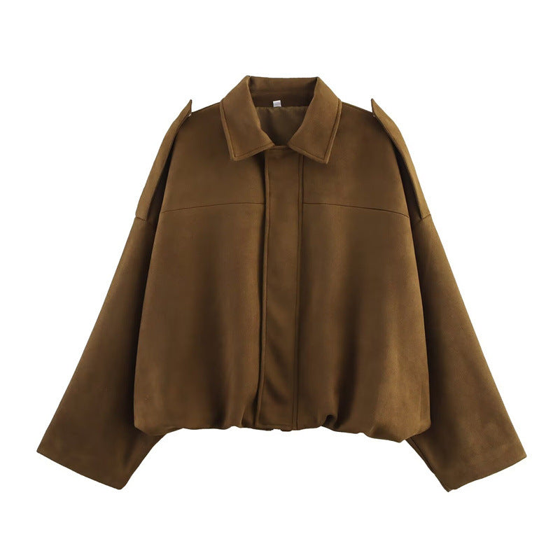 Ladies oversized suede jacket with a relaxed fit and practical shoulder details Lune London