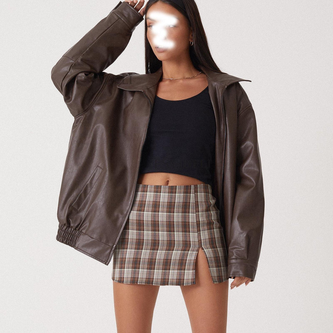 Casual faux leather jacket for women with elastic waist and practical pockets Lune London