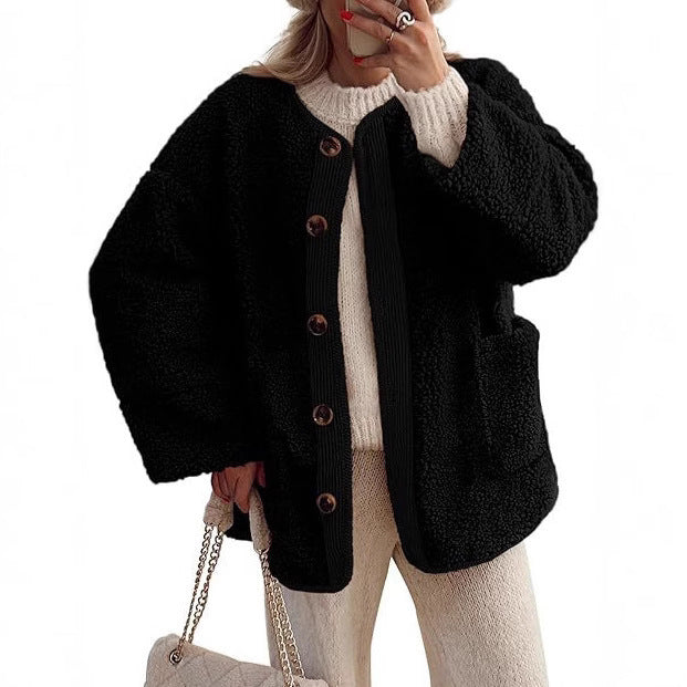 Ladies cozy fleece jacket with Moon London button details