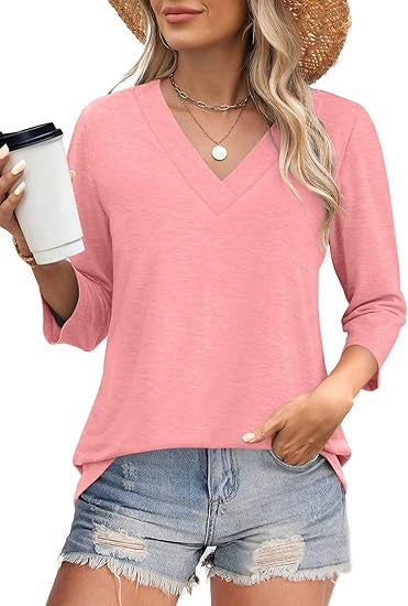 Women's V-Neck Top with Three-Quarter Sleeves and Side Slits Lune London