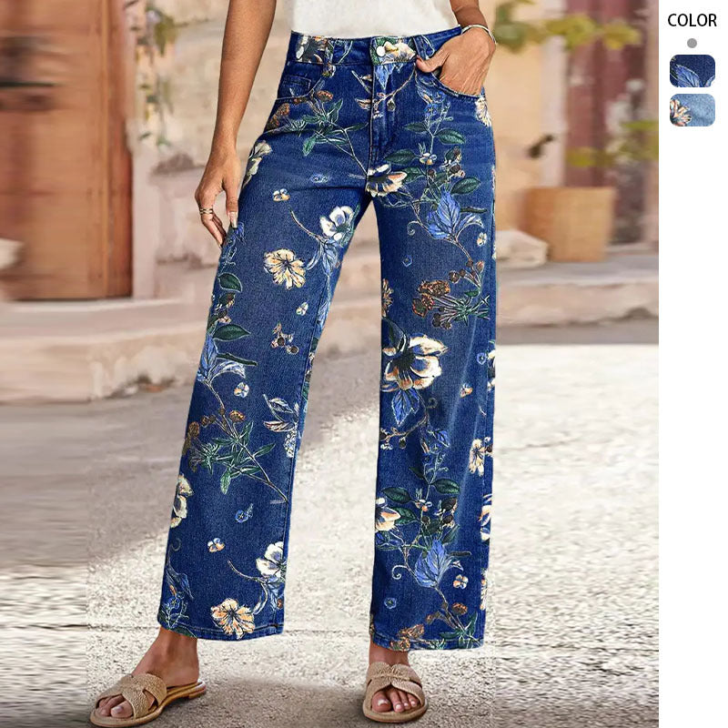 Women's Wide Cut Jeans with Floral Print and High Waist