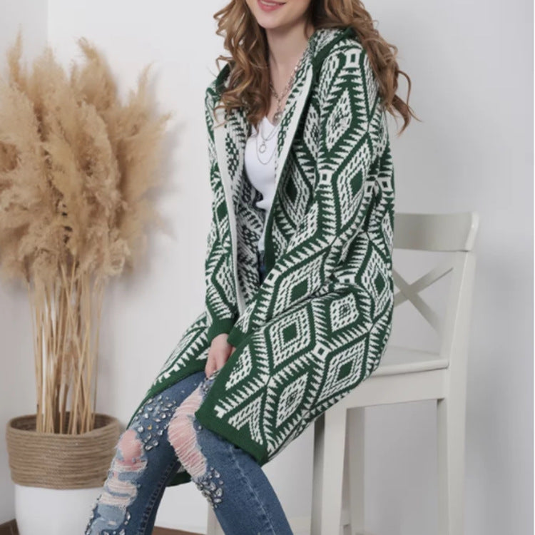 Women Long Knitted Cardigan with Chic Geometric Pattern and Style