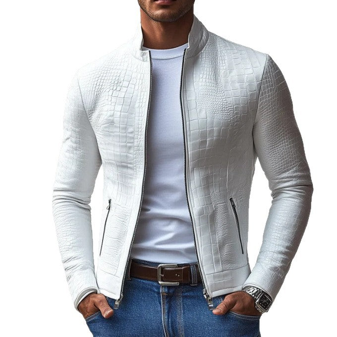Trendy faux leather jacket for men with textured surface pattern Lune London