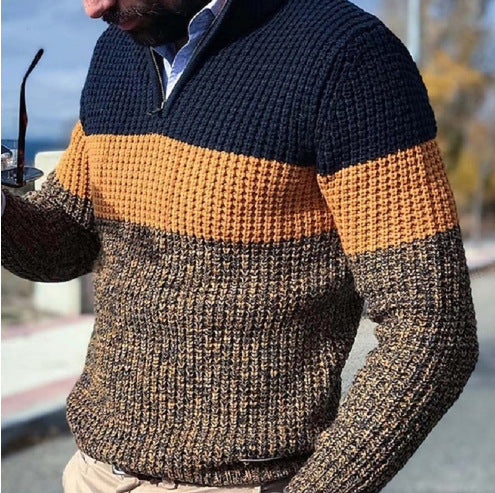 Men's Knitted Pullover with Textured Surface and Half Zipper Lune London