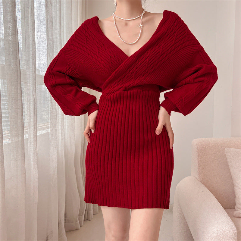 Robe en tricot pour femmes avec décolleté en V et structure côtelée Chic & Stil