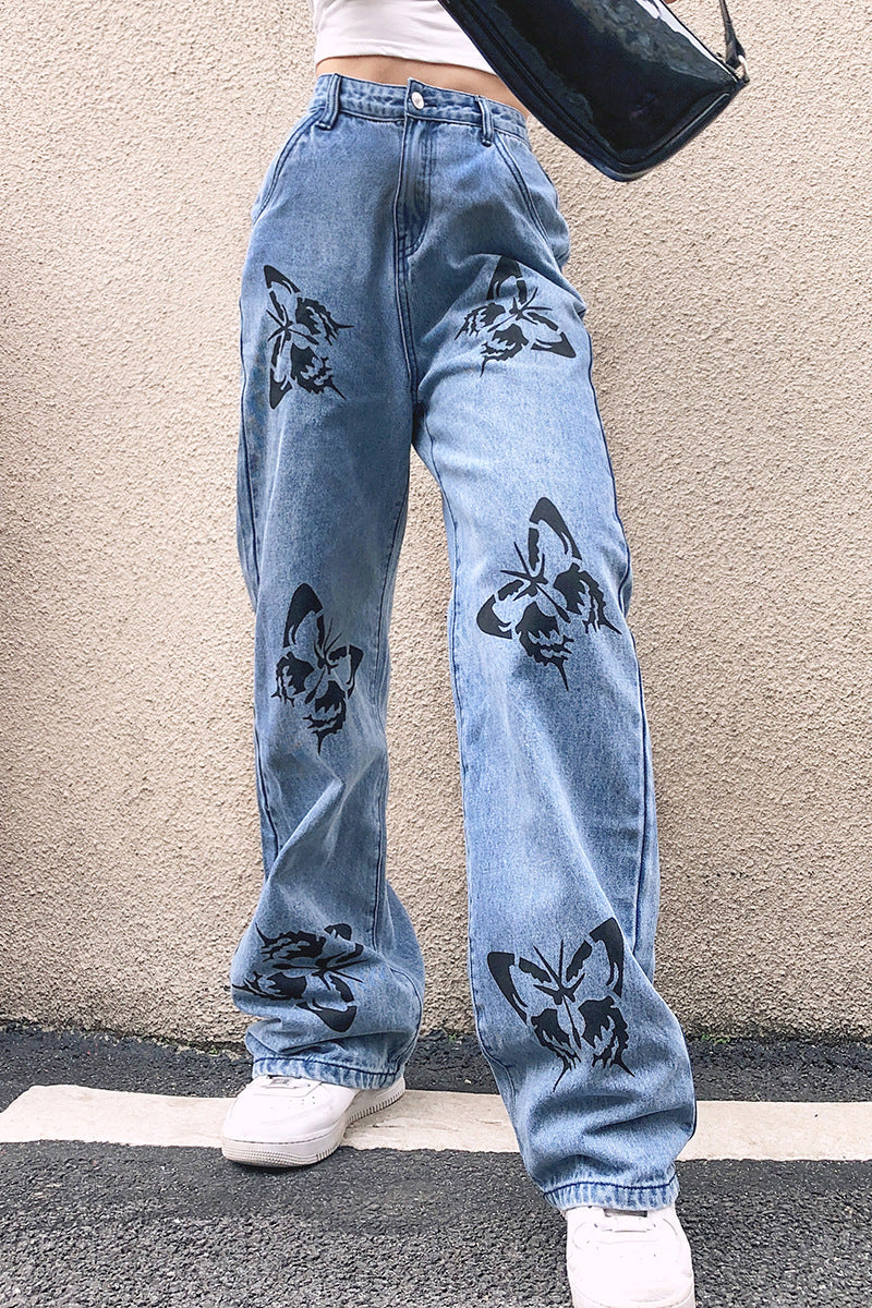 Ladies wide jeans with eye-catching butterfly print Lune London