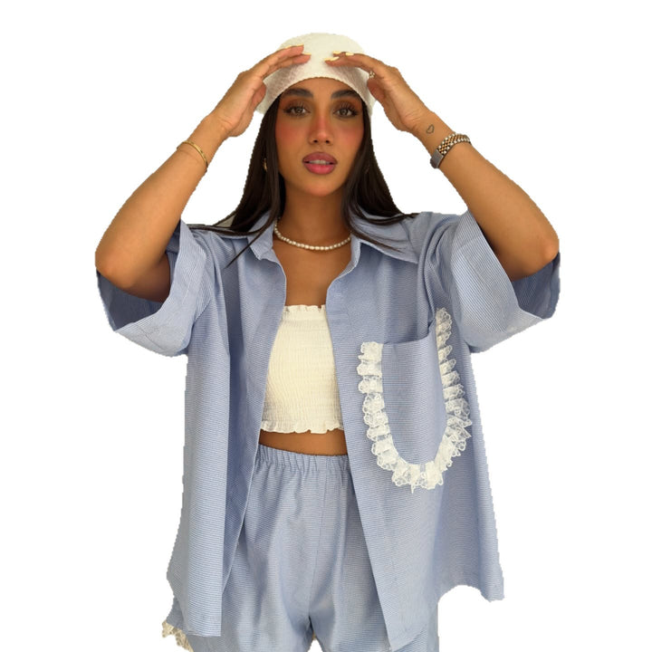 Women Summer Casual Top with Voluminous Sleeves and Lace Accents Lune London