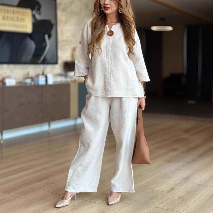 Lightweight linen two-piece clothing set for women with button details Lune London