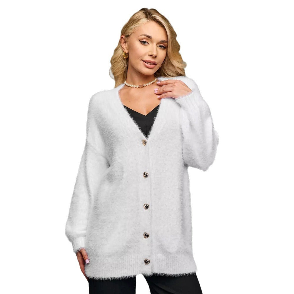 Cardigan surdimensionné pour femmes avec boutons en forme de cœur et matériau doux Chic & Stil