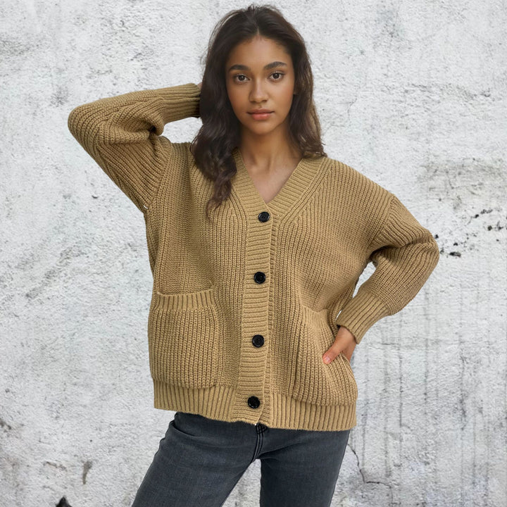 Ladies chunky knit cardigan with pockets and button details Lune London