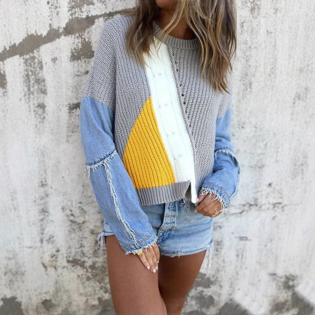 Pull en tricot stylé pour femmes avec des manches en denim et un design de bloc de couleur saisissant Chic & Stil