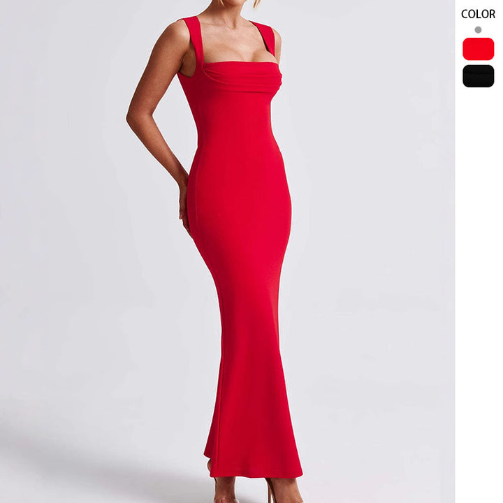 Women's Elegant Figure-Hugging Maxi Dress with Square Neckline and Deep Back