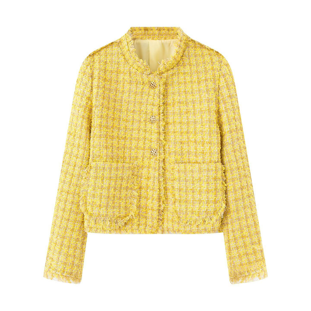 Elegant tweed jacket for women with fringes and luxurious buttons Lune London
