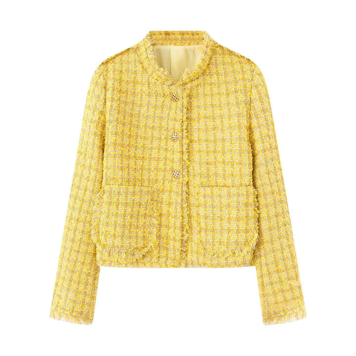 Elegant tweed jacket for women with fringes and luxurious buttons Lune London