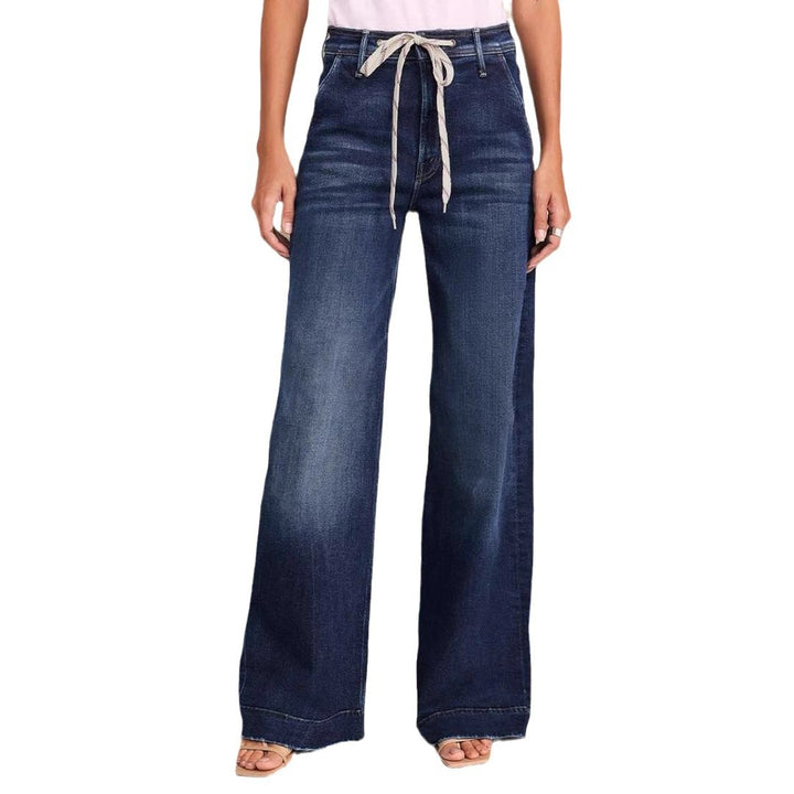 Women's wide-cut jeans with fashionable drawstring and elastic waistband