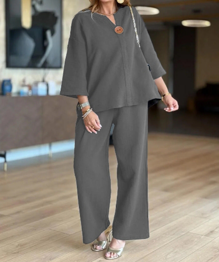 Lightweight linen two-piece clothing set for women with button details Lune London